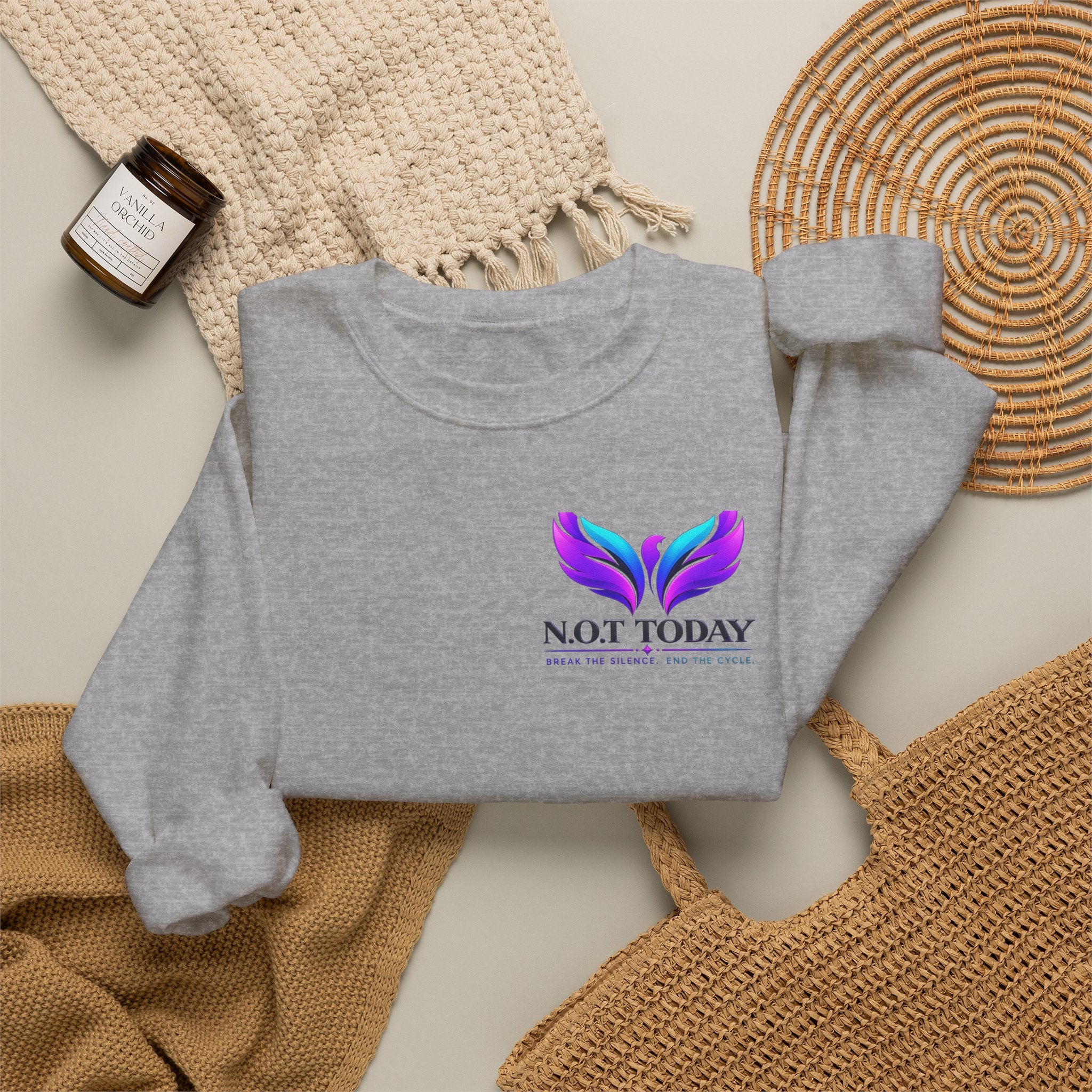 Trauma Awareness Crewneck Sweatshirt — “Not Today” Butterfly & “No More” Ribbon Design