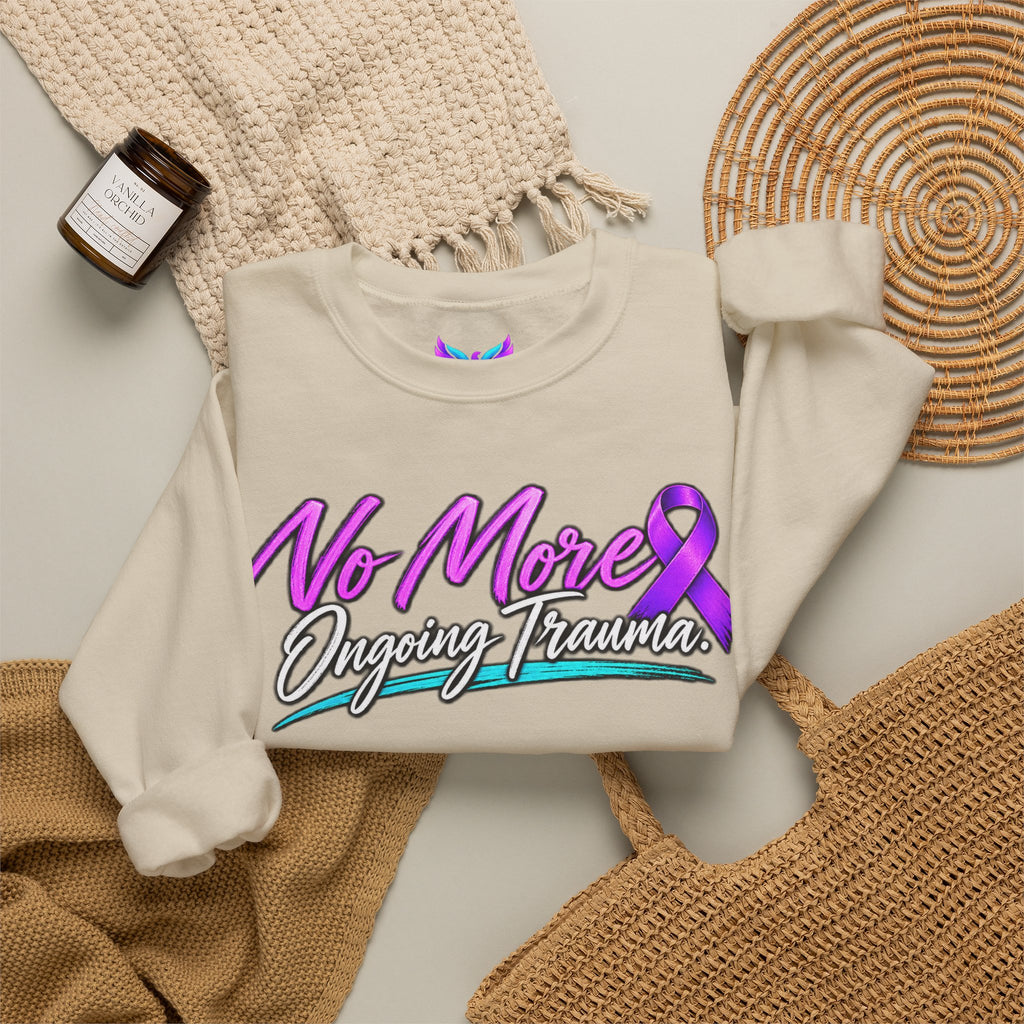 No More Ongoing Trauma Crewneck Sweatshirt — Mental Health Awareness Ribbon Design