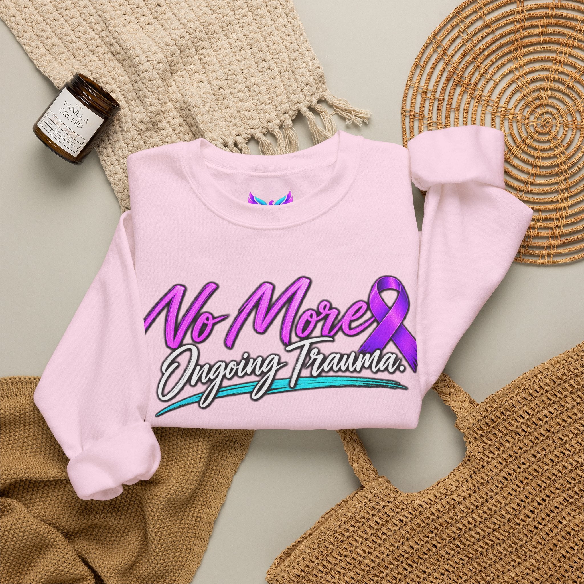 No More Ongoing Trauma Crewneck Sweatshirt — Mental Health Awareness Ribbon Design