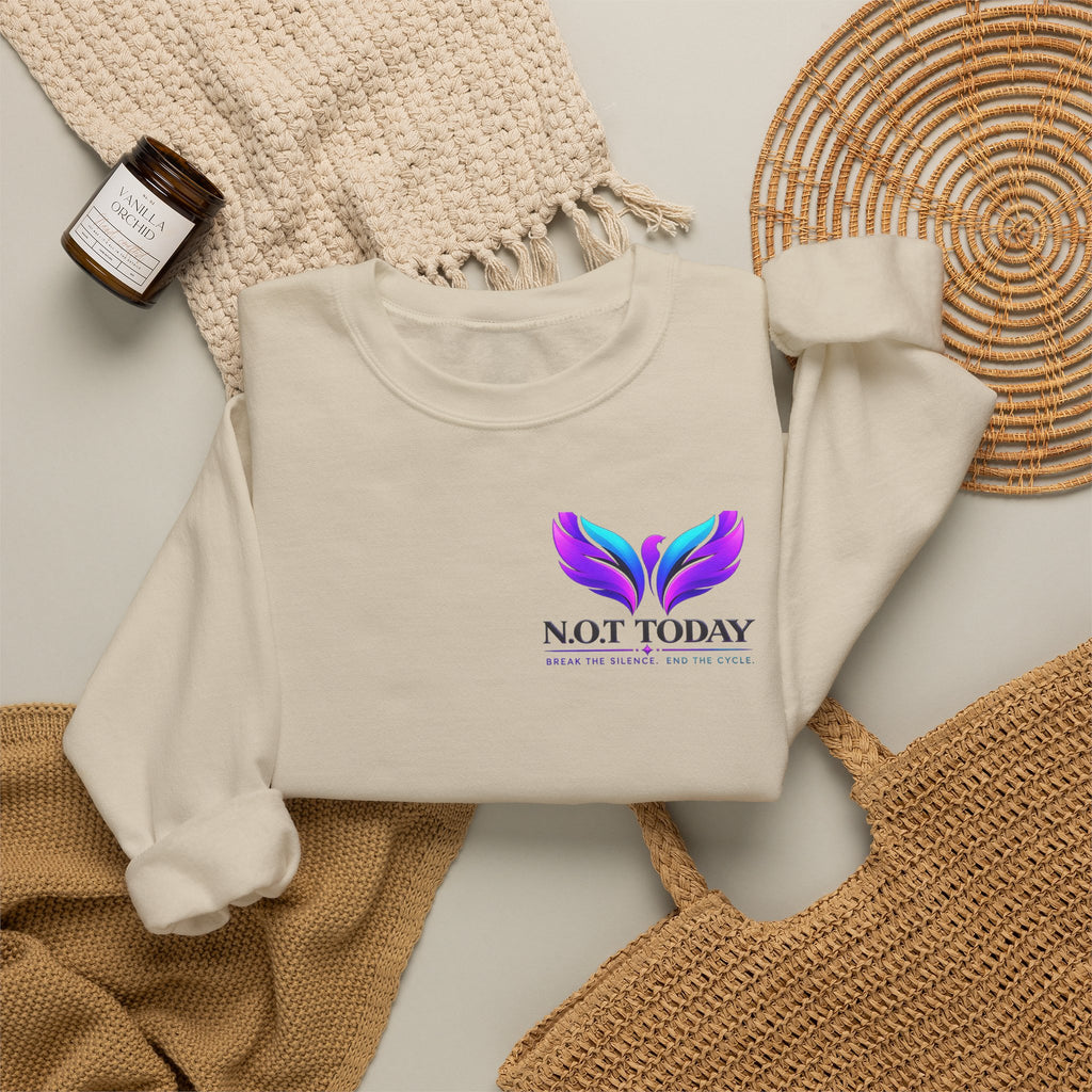 Trauma Awareness Crewneck Sweatshirt — “Not Today” Butterfly & “No More” Ribbon Design