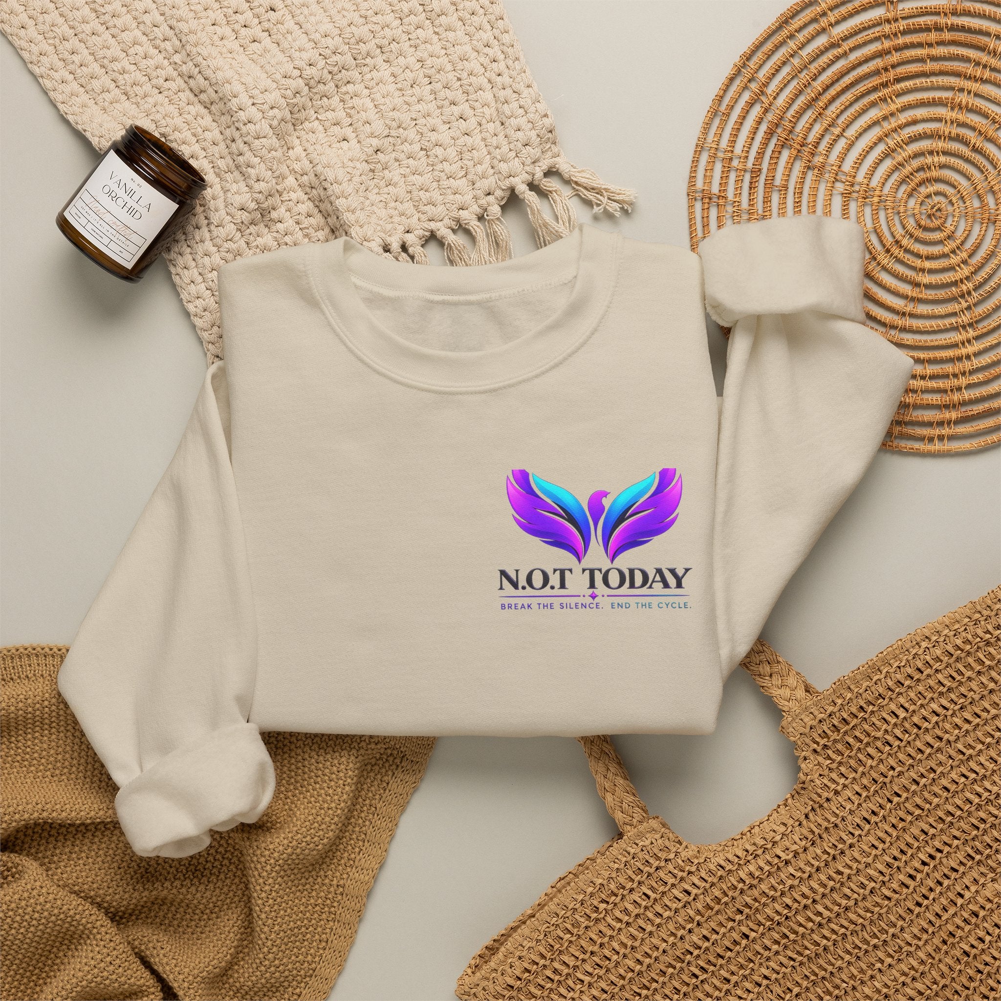 Trauma Awareness Crewneck Sweatshirt — “Not Today” Butterfly & “No More” Ribbon Design