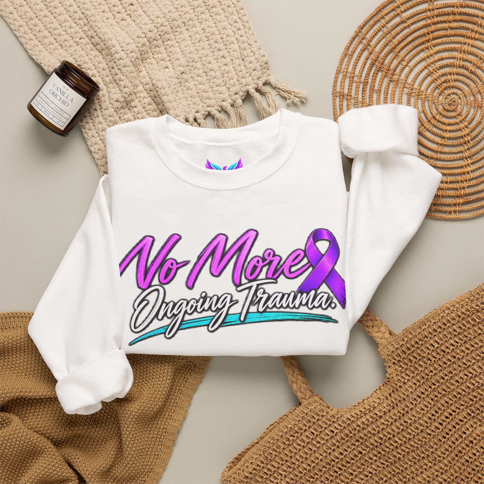 No More Ongoing Trauma Crewneck Sweatshirt — Mental Health Awareness Ribbon Design