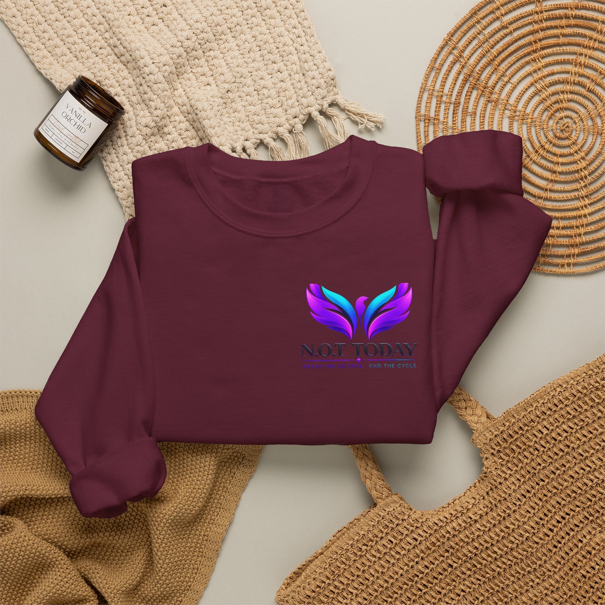 Trauma Awareness Crewneck Sweatshirt — “Not Today” Butterfly & “No More” Ribbon Design