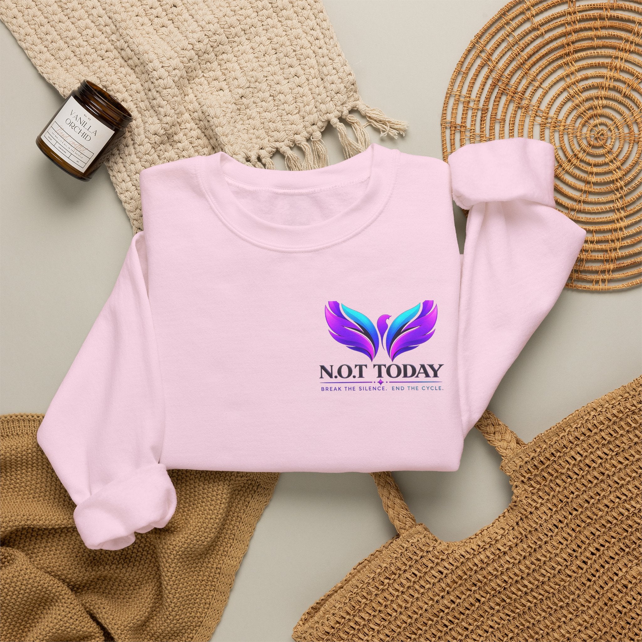 Trauma Awareness Crewneck Sweatshirt — “Not Today” Butterfly & “No More” Ribbon Design