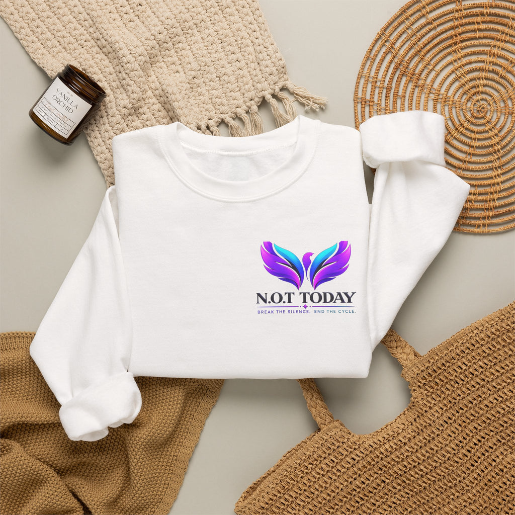 Trauma Awareness Crewneck Sweatshirt — “Not Today” Butterfly & “No More” Ribbon Design