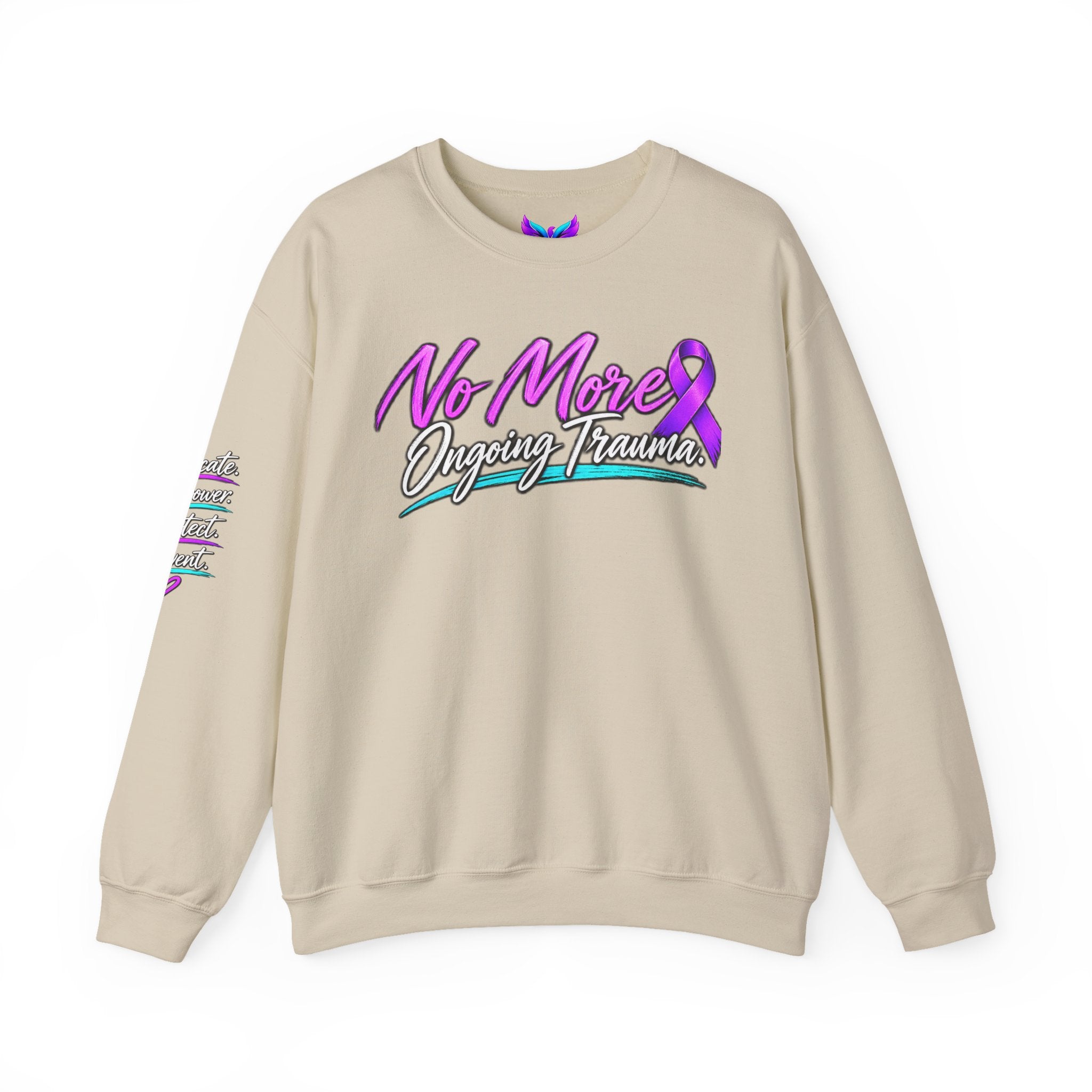 No More Ongoing Trauma Crewneck Sweatshirt — Mental Health Awareness Ribbon Design
