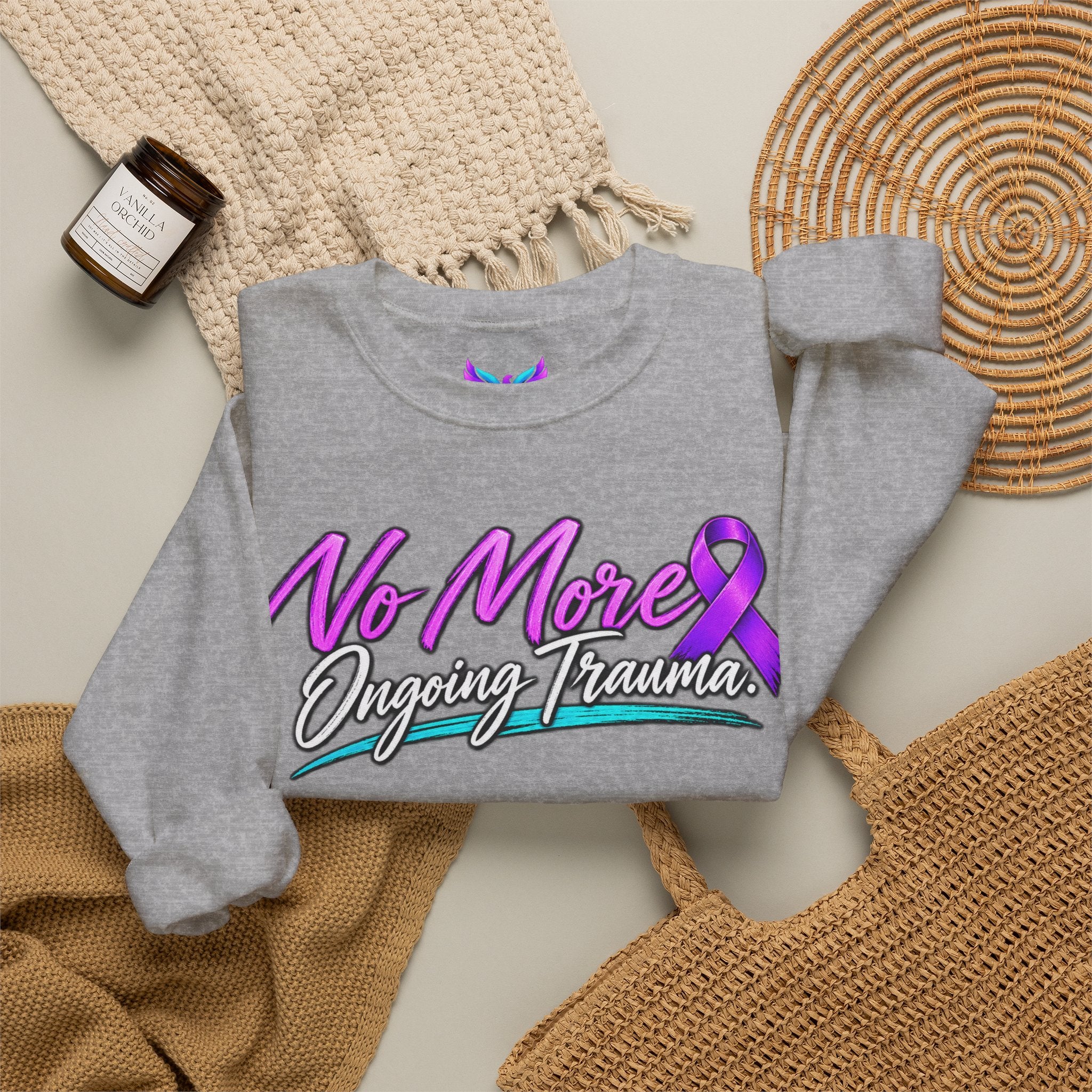 No More Ongoing Trauma Crewneck Sweatshirt — Mental Health Awareness Ribbon Design